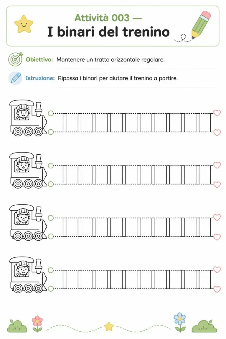 Attività 003 I binari del trenino: ripassare i binari tratteggiati tenendo il tratto regolare