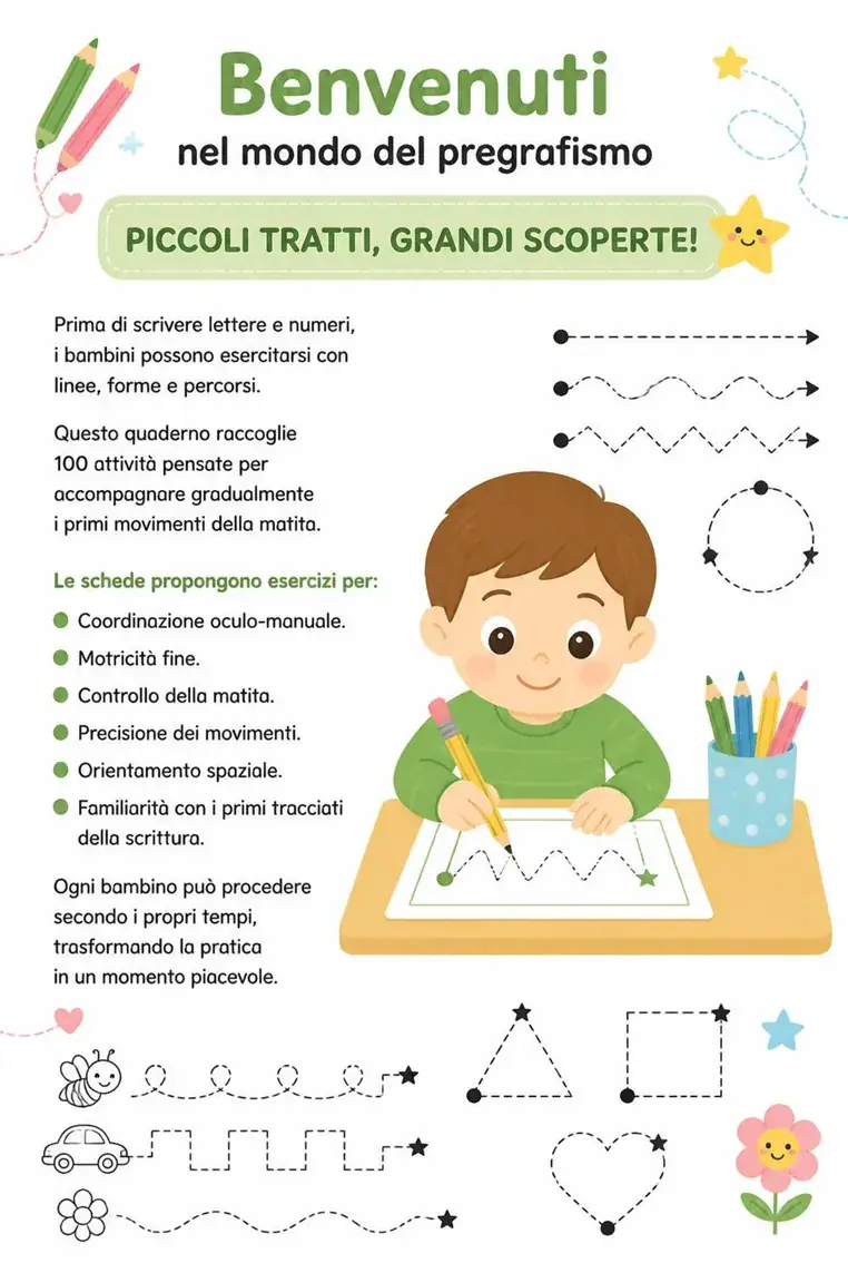 Pagina di benvenuto del quaderno di pregrafismo con gli obiettivi delle schede